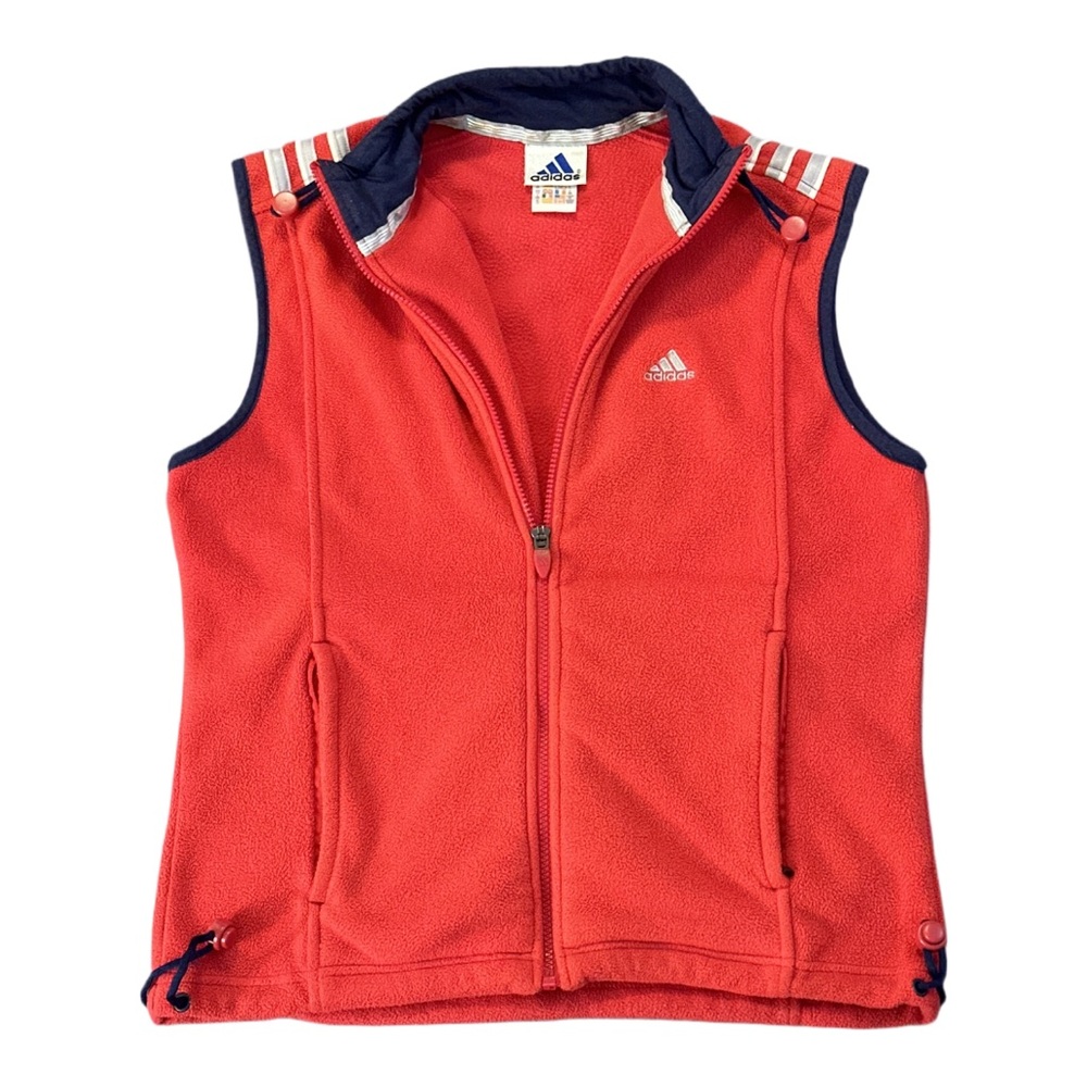 '99 ADIDAS VINTAGE women's pink and blue striped fleece outerwear vest, medium.